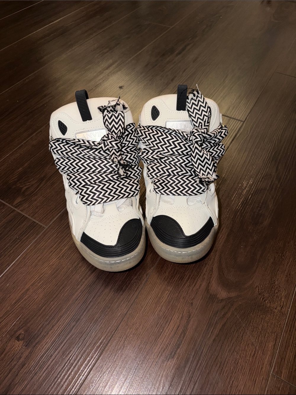 Lanvin White and Black High-Top Sneakers with Chevron Laces